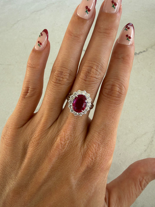 Vintage Platinum 900 Rubellite Tourmaline & Diamond Halo Ring