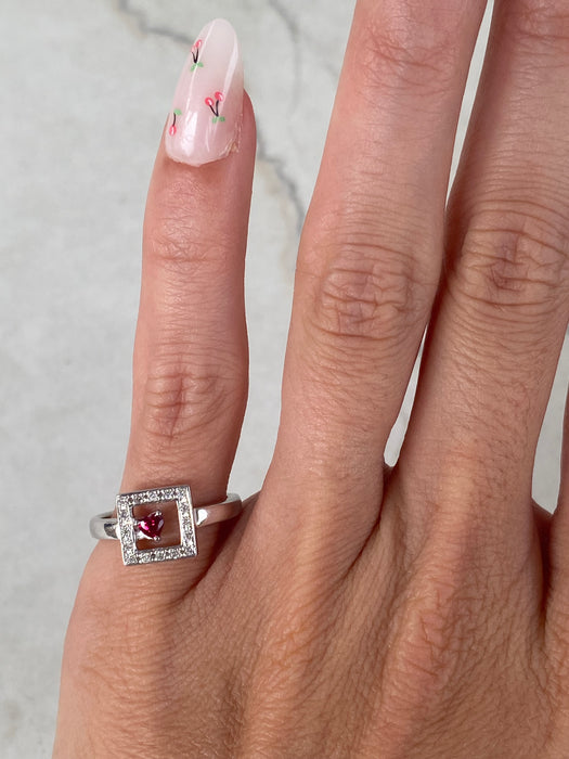 Vintage 18K White Gold Diamond & Ruby Heart Ring by Vendome