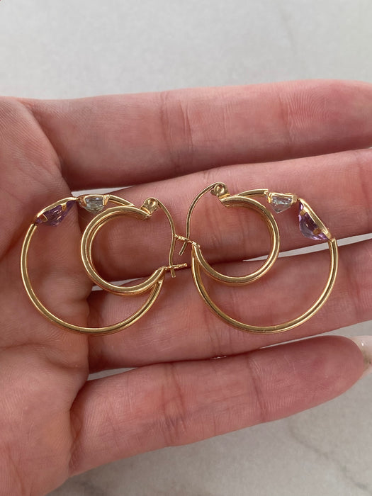 14K Vintage Blue Topaz & Amethyst Hoop Earrings