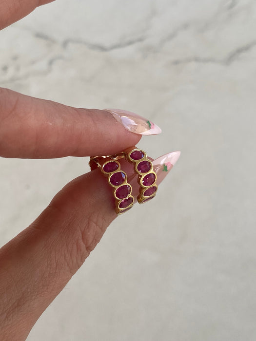 Vintage 18K Gold Ruby J Hoop Earrings – Bezel Set Oval Natural Rubies