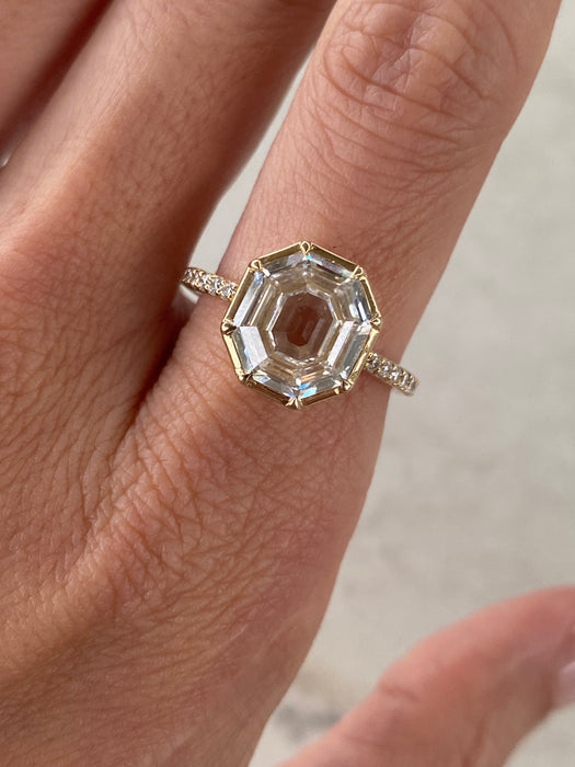 14K Gold 3.05 Carat Hexagon Old Mine-Cut Lab Diamond Ring