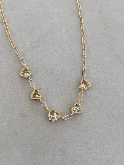 14K Gold Paperclip Necklace with 1.5 TCW Lab Diamond Heart Stations