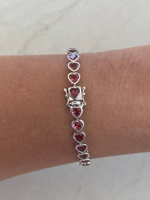 14K White Gold Bezel-Set Pink Tourmaline Heart Bracelet