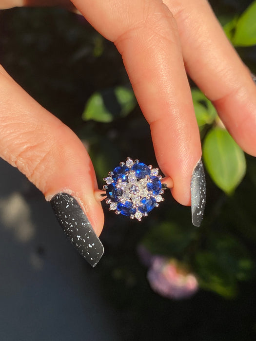 Platinum 850 blue sapphire diamond star snowflake ring size 6.5