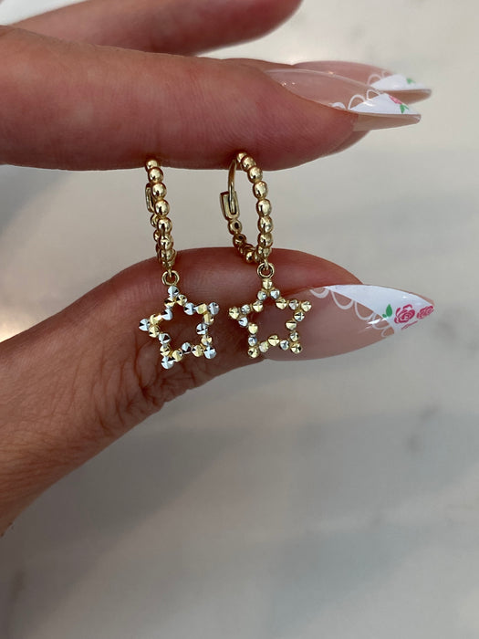14K Two-Tone Bead Huggie Earrings with Diamond-Cut Star Charms