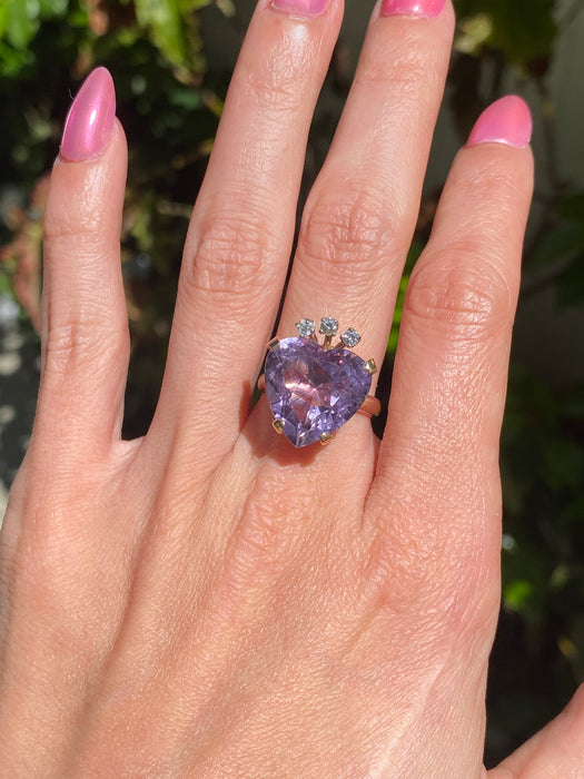 Vintage 14K Amethyst Heart & Diamond Crown Ring