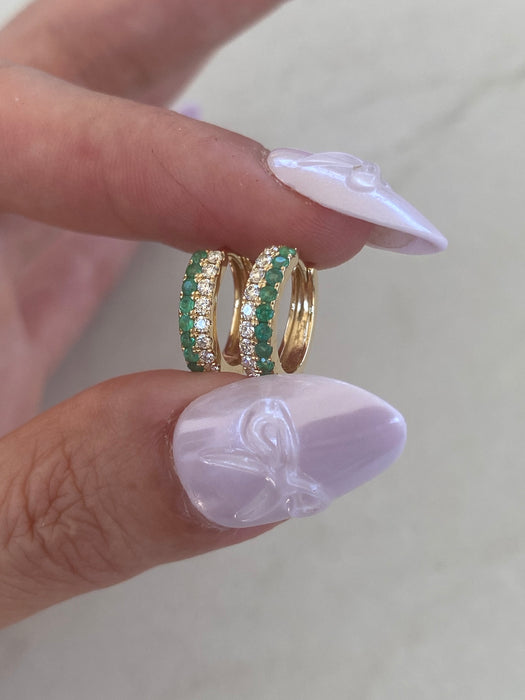 14K Natural Emerald & Diamond Huggie Earrings