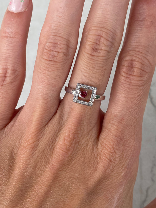 Vintage 18K White Gold Diamond & Ruby Heart Ring by Vendome