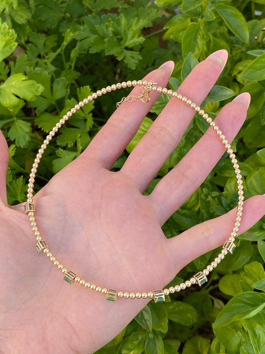 14K Gold Emerald Bead Collar Necklace – 1.40 TCW Emerald Cut Emerald Station Necklace – Adjustable 13–15”