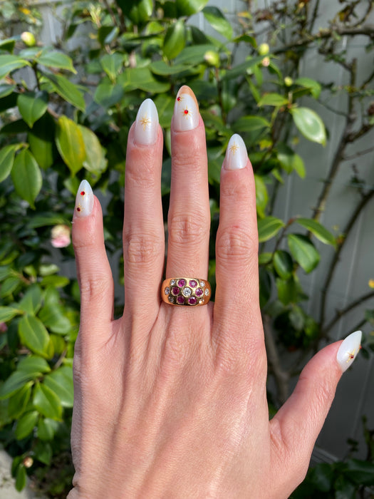 Vintage 18K Ruby and Diamond Flower Ring – Flush Set – 0.80 TCW Rubies – Size 6