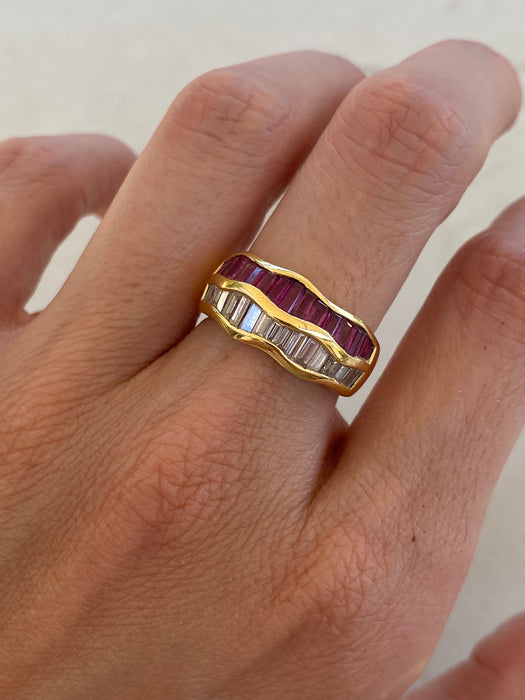 Vintage 18K Yellow Gold Ruby & Diamond Baguette Ring