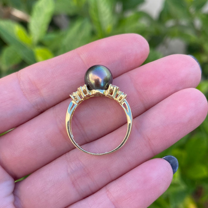 14k rainbow black pearl with diamond butterfly ring size 7