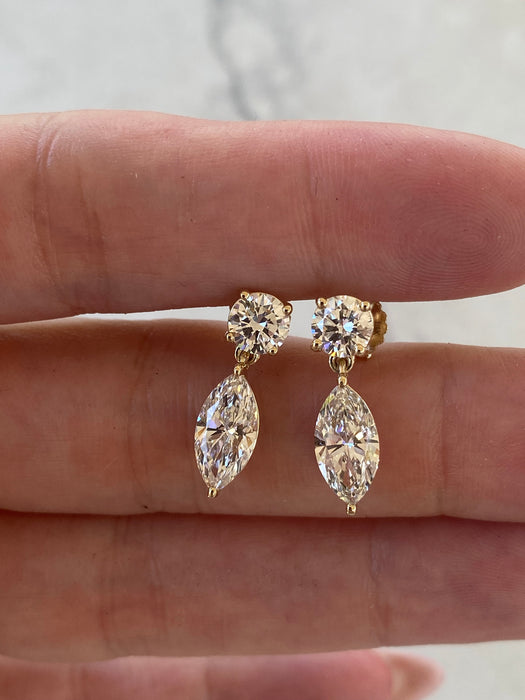 14K Gold 3 TCW Round & Marquise Lab Diamond Drop Earrings