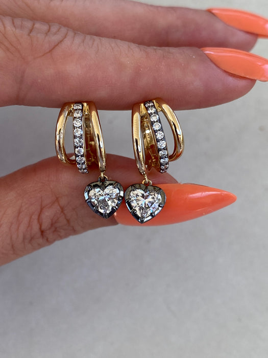 14K Gold Triple Huggie Heart Lab Diamond Earrings
