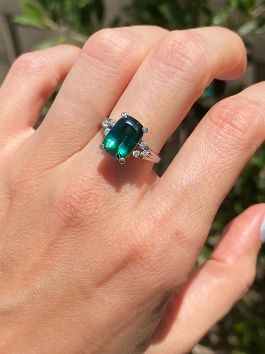 Vintage Platinum 900 Tourmaline Diamond Ring Size 6.5