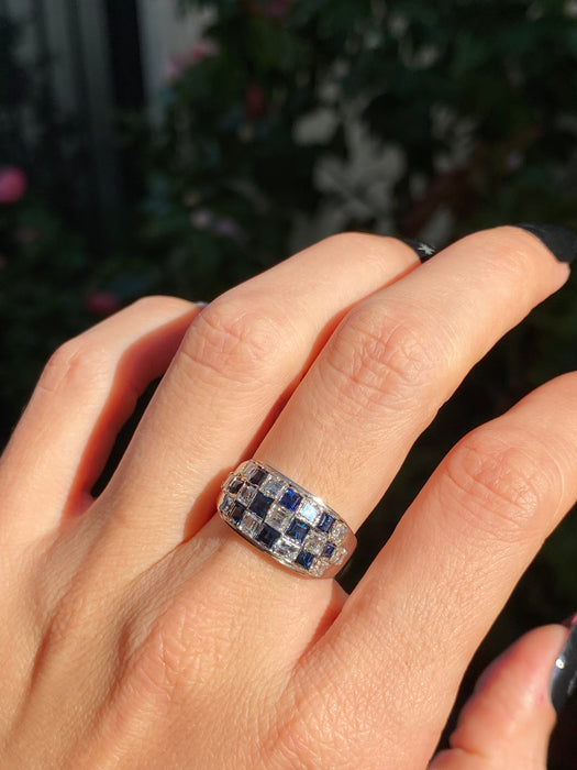 18k white gold checkerboard blue sapphire Asscher cut diamond ring size 6.5