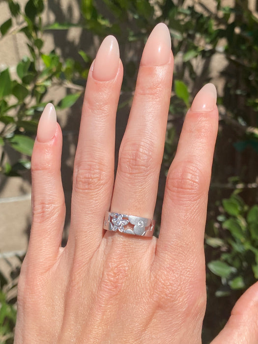 Vintage Platinum 900 Diamond Flower Ring – Brushed Finish – Size 6.25