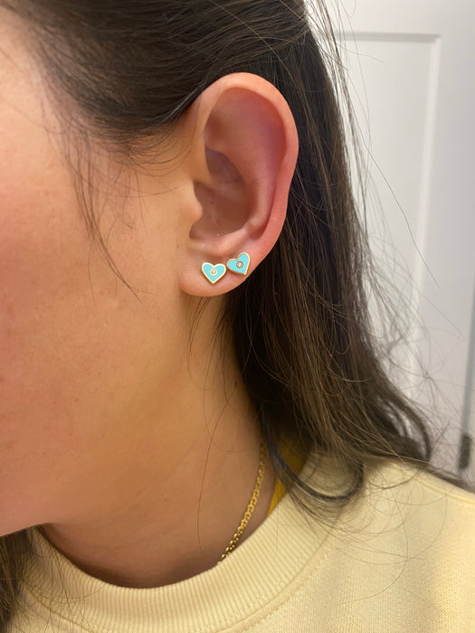 14k turquoise diamond heart enamel stud earrings