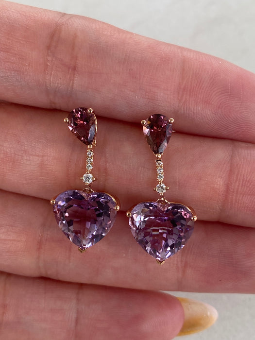 18K Rose Gold Rhodolite Garnet, Amethyst Heart & Diamond Drop Earrings