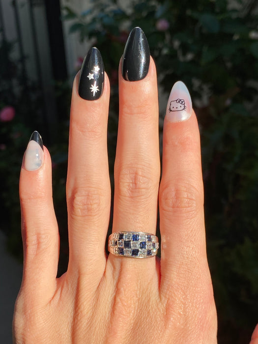 18k white gold checkerboard blue sapphire Asscher cut diamond ring size 6.5