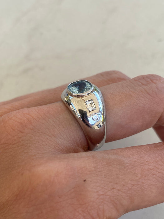 Vintage Platinum 900 Aquamarine & Diamond Ring