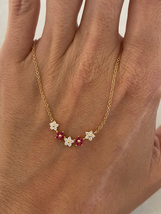 14K Gold Ruby & Diamond Flower Bar Necklace