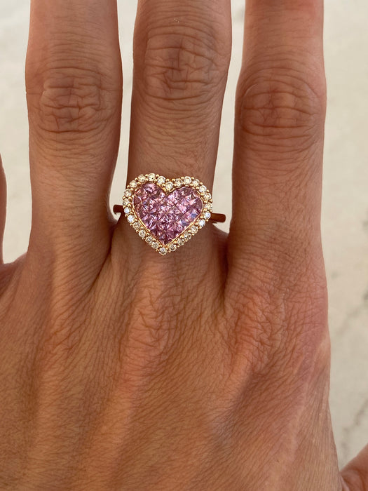 Vintage 18K Rose Gold Pink Sapphire & Diamond Heart Ring
