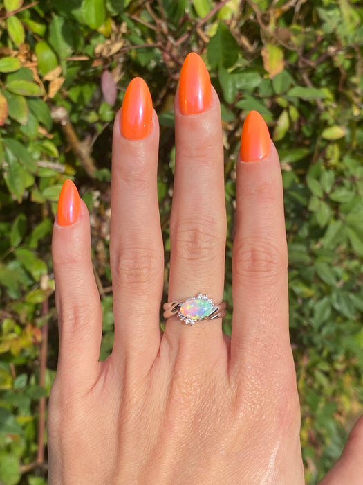 Vintage Platinum 900 Opal Diamond Ring Size 6