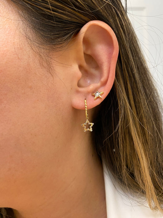 14K Two-Tone Bead Huggie Earrings with Diamond-Cut Star Charms