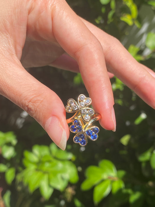 18k diamond blue sapphire clover bypass ring size 5