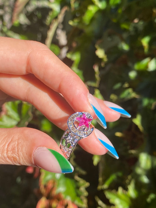 18k white gold baguette diamond kite ruby moon ring size 8.5