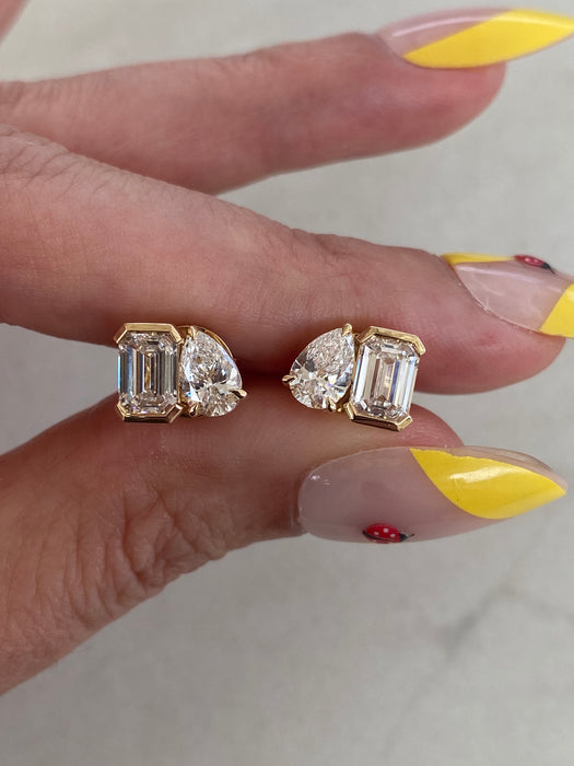 14k Gold Lab Pear & Emerald Cut Diamond Stud Earrings - 2.33 TCW