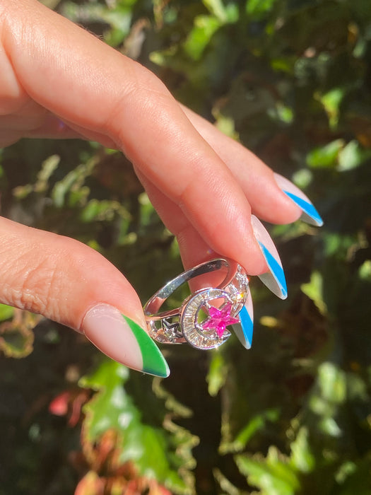 18k white gold baguette diamond kite ruby moon ring size 8.5