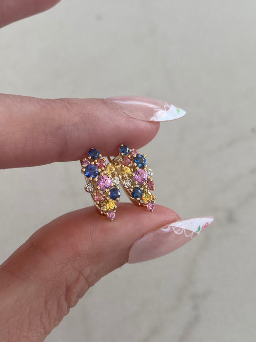 14K Rainbow Sapphire & Diamond Cluster Huggie Earrings | 1.10 CTW