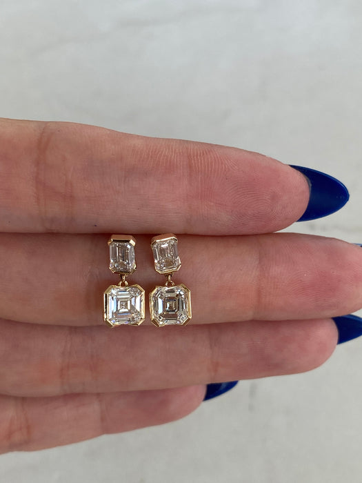 14K Partial Bezel Emerald & Asscher Lab Diamond Dangle Earrings- 3.3 TCW