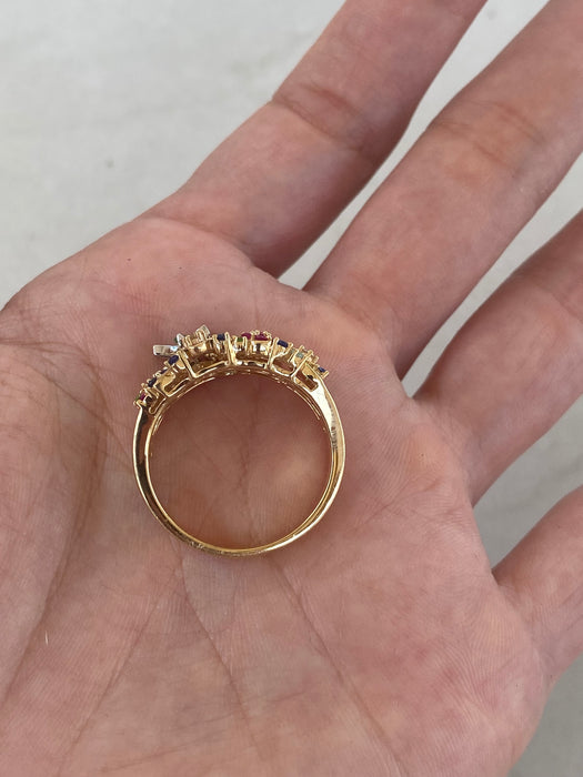 Vintage 18K Multicolor Gemstone & Diamond Floral Ring