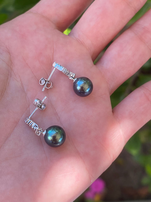 14k white gold diamond black pearl earrings