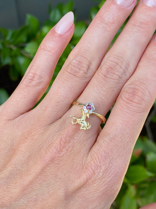 14k diamond spinner ruby ram flower ring size 7