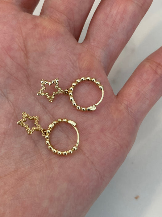 14K Two-Tone Bead Huggie Earrings with Diamond-Cut Star Charms