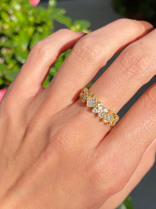 Vintage 18k Gold Invisible Set Princess Cut Diamond & Round Diamond Ring Size 6.25