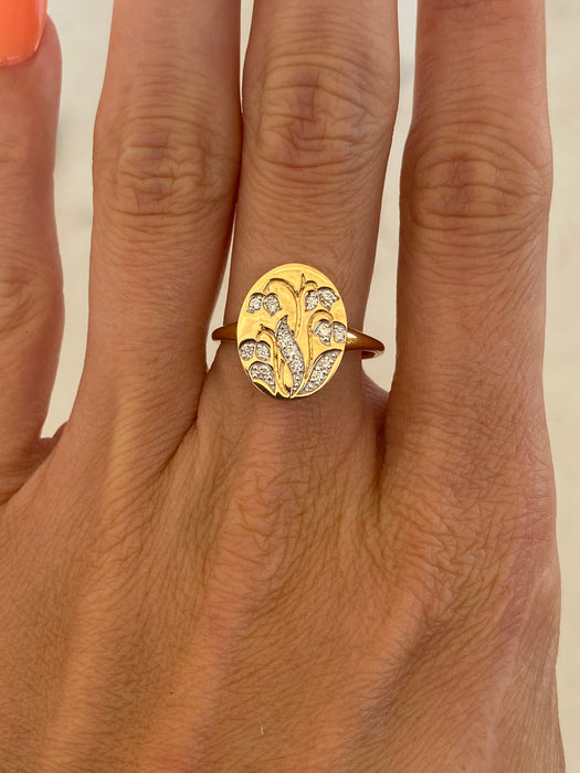 14K Gold Diamond Bluebell Signet Ring