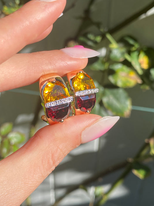 Vintage 14K Gold Garnet, Citrine & Diamond Half Moon Earrings with Omega Backs