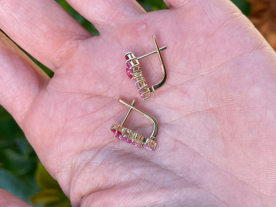14K Gold Ruby & Pink Sapphire & Diamond Huggie Earrings