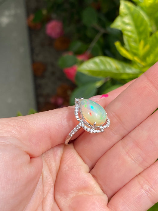 Platinum 900 opal and diamond ring size 6.5