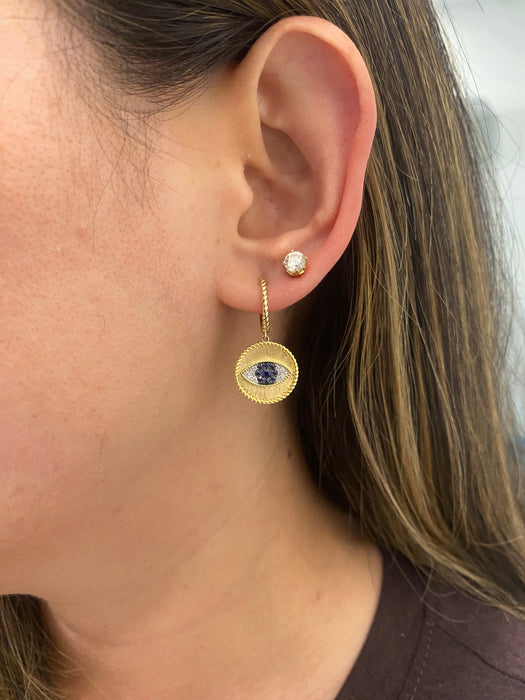 14K Gold Evil Eye Sapphire & Diamond Huggie Earrings