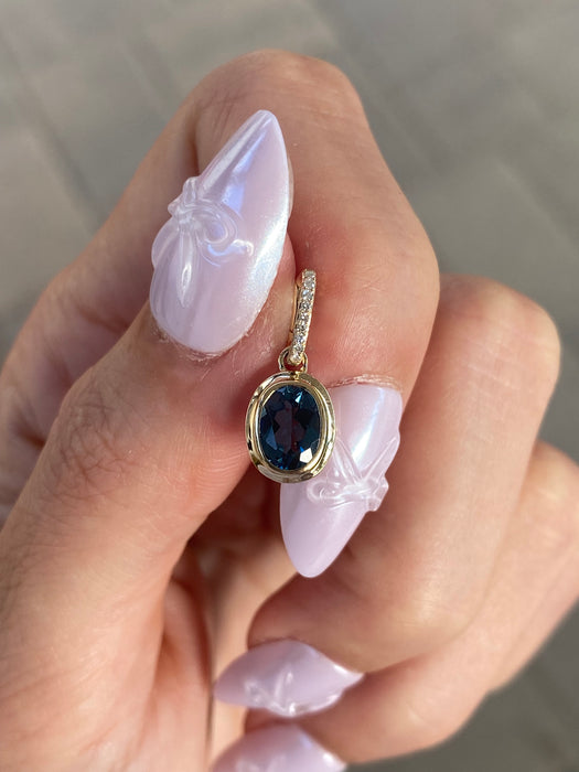 14K Gold London Blue Topaz & Diamond Oval Charm