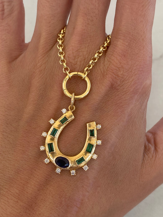 14K Gold Diamond, Emerald & Blue Sapphire Horseshoe Pendant