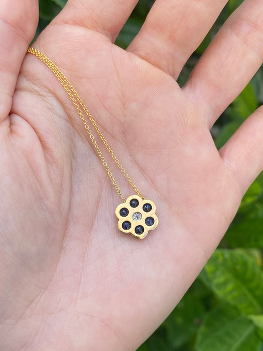 14k blue sapphire and diamond flower necklace 16” or 18”