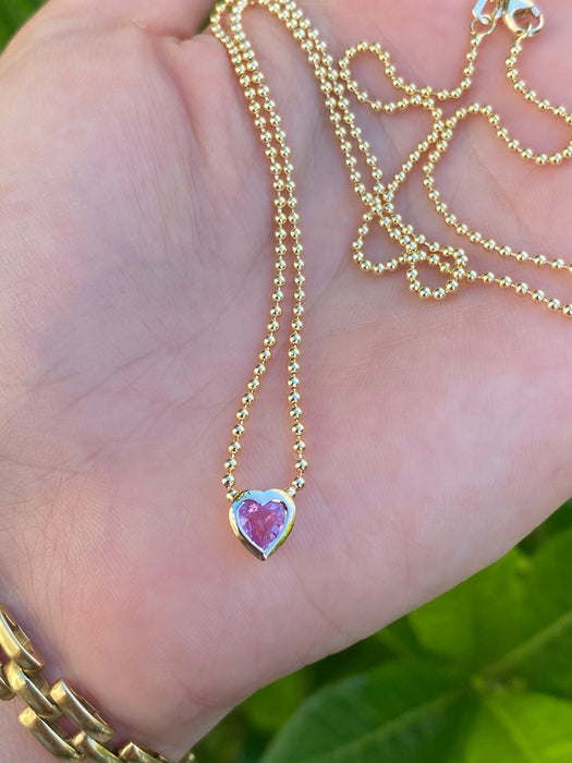 14k bead chain with bezel set pink sapphire heart necklace 18”