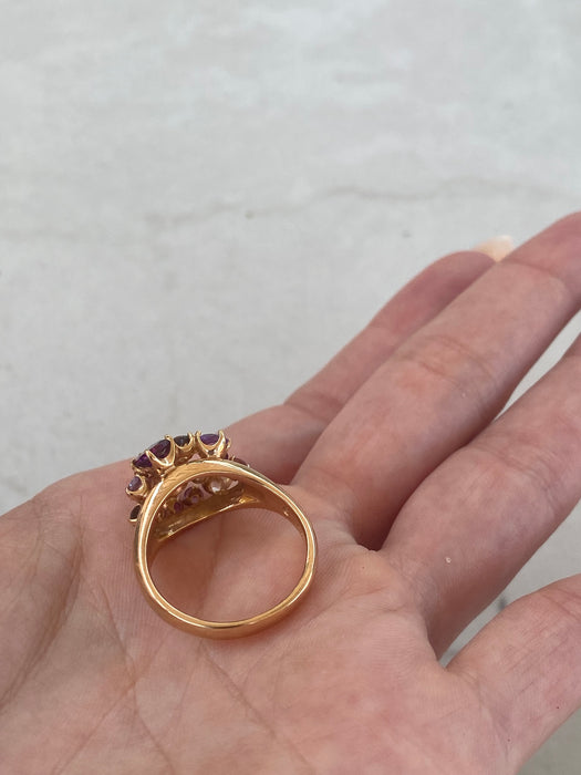 Vintage 18K Rose Gold Multi-Gemstone Cluster Ring – Pink Tourmaline, Amethyst, Smoky Quartz & Diamonds | Size 8